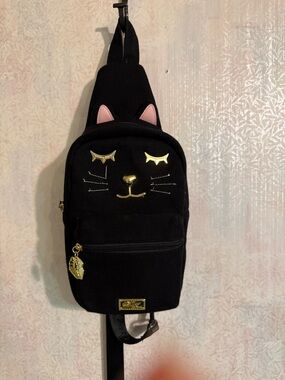 Betsey Johnson Black Cat With Gold Metal Face,  Whimsygoth, Festival Ready, Cute